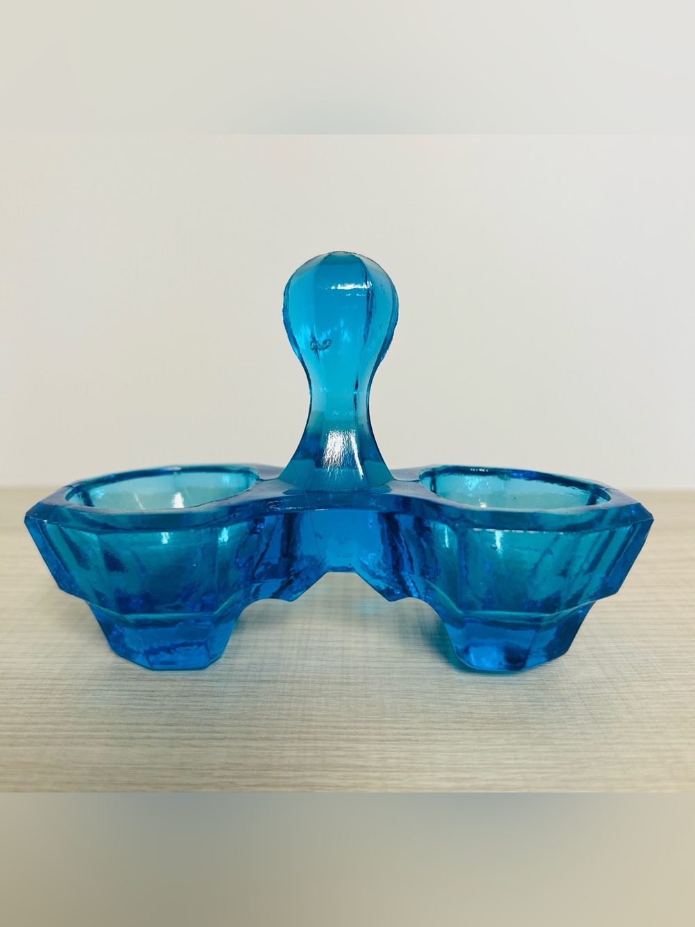 Vintage Art Deco Blue Glass Salt & Pepper Cellar Stand - Double Pinch Dip Stand